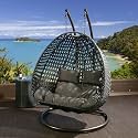 Hindoro Rattan Wicker Wrought Iron Two Seater Swing Chair with Powder Coated Stand &amp; Cushion || Double Hammock Swing for Adults &amp; Kids || Outdoor || Indoor || Balcony (King, White with Blue)