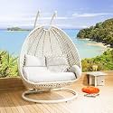 Hindoro Rattan Wicker Wrought Iron Two Seater Swing Chair with Powder Coated Stand &amp; Cushion &amp; Hook || Double Hammock Swing for Adults &amp; Kids | (King, White), 127 x 127 x 203 Cm