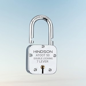 hindson atoot 50mm lock  steel body  hardened shackle  7 steel lever  3 silver keys with keychain  1 lock  made in india  silver finsh