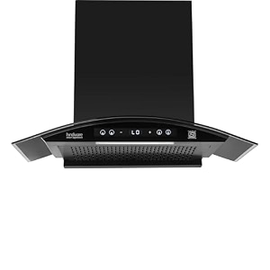 hindware smart appliances amyra bldc 75cm wall mounted chimney  1400 cmh  filterless  autoclean  curved glass  motion sensor touch control  12 yrs warranty on motor 3 yrs on product by brand
