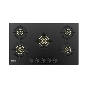 hindware hazel 5b 86  full brass burner  auto ignition  flame guard round pan support  metal knobs  8 mm toughened glass  hob 5 burners black