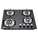 Hindware Smart Appliances | Sara Plus Kitchen Hob | Designer Brass Burners | Auto Ignition | SS Drip Tray | Cast Iron Pan Support | Black Glass Finish | (4 Burner 60 cm, Black)