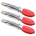 HINMAY Small Tongs with Silicone Tips 7 Inch Kitchen Tongs, Set of 3 (Red)