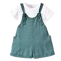 HINTINA Toddler Girl Overall Shorts Set Adjustable Loose Jumpsuit Short Sleeve T-shirt Vacation Summer Outfits with Pockets