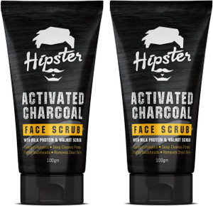 hipster activated charcoal face scrub 100gm  pack of 2  for oily skin  normal skin  walnut scrub grits milk protein  aloevera  exfoliating fights blackhead deep pore cleansing  face body  neck  scrub 200 g
