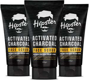 hipster activated charcoal face scrub 100gm  pack of 3  for oily skin  normal skin  walnut scrub grits milk protein  aloe vera  exfoliating fights blackhead deep pore cleansing  face body  neck  scrub 300 g