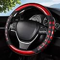 Hiseanllo Car Steering Wheel Cover, 14.5-15 Inch Universal Fit, Sporty Anti-Slip Leather Steering Wheel Protector with Glossy Color Accent, Comfortable Grip for Cars, SUVs, Trucks(Red)