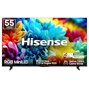 hisense 55 inch 55ur8s  rgb miniled  hi-view ai engine rgb  native 180hz game mode  up to 3500 nits peak brightness  imax enhanced  212 multi-channel surround  ai rgb light sensor