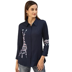 Hisham Womens Rayon Embroidered Regular Top Green