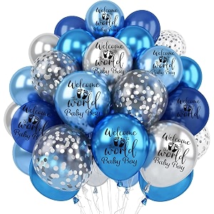 hk balloons 35pcs welcome baby decoration item welcome to the word baby boy printed blue silver balloons with silver confetti baby shower decorations baby shower backdrop decorations kit