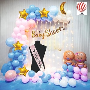 hk balloons 60pcs baby shower decoration item kit set with mom to be sash for baby girl or boy arrival decorations for pregnancy photoshoot baby shower party decoration set kit