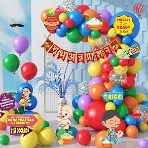 hk balloons 69pcs shubh annaprashan decoration items with photo booth paper props for rice ceremony decorations backdrop set