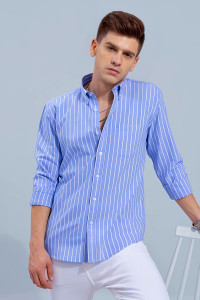 HKV FASHION Men Striped Casual Light Blue