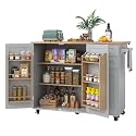 HLR Kitchen Island with Storage, Grey Rolling Kitchen Island on Wheels with Drop-Leaf Bar Countertop, Prep Table with Side Open Spice Rack and Tower Rack, Home Bar Carts with Storage