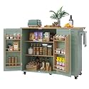 HLR Kitchen Island with Storage, Sage Green Rolling Kitchen Cart on Wheels with Drop-Leaf Bar Countertop, Islands Prep Table with Side Open Spice Rack and Tower Rack, Extra Storage for Kitchen