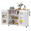 HLR Kitchen Island with Storage, White Rolling Kitchen Island on Wheels with Drop-Leaf Bar Countertop, Island Table for Kitchen with Side Open Spice Rack and Tower Rack, Extra Storage for Kitchen