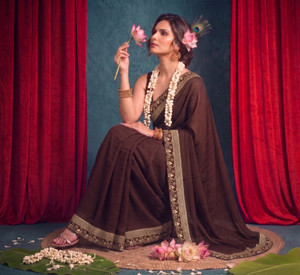 hnc retail printed bollywood lycra blend chiffon saree
