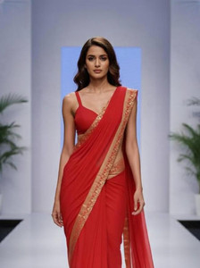 hnc retail temple border bollywood lycra blend chiffon saree red