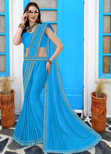 hnc retail temple border solidplain bollywood lycra blend chiffon saree light blue