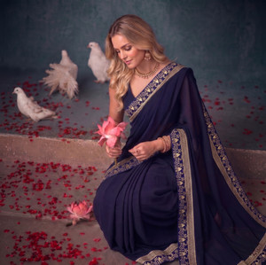 hnc retail printed bollywood lycra blend chiffon saree