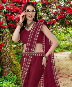 hnc retail temple border solidplain bollywood lycra blend chiffon saree maroon