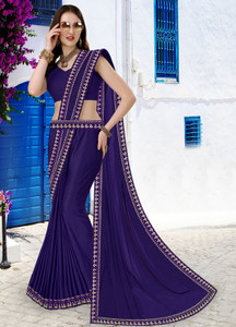 hnc retail temple border solidplain bollywood lycra blend chiffon saree blue