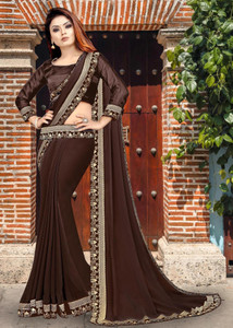 hnc retail solidplain embroidered woven bollywood lycra blend chiffon saree brown