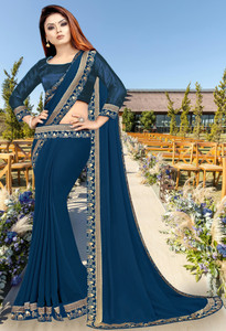 hnc retail solidplain embroidered bollywood lycra blend chiffon saree dark blue