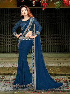 hnc retail solidplain embroidered daily wear lycra blend chiffon saree