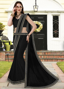 hnc retail temple border solidplain bollywood lycra blend chiffon saree black