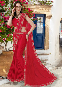 hnc retail embellished embroidered bollywood lycra blend chiffon saree red