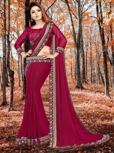 hnc retail solidplain embroidered floral print bollywood lycra blend chiffon saree pink