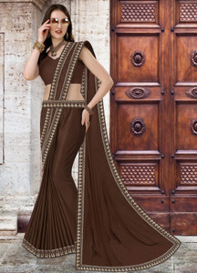 hnc retail temple border solidplain bollywood lycra blend chiffon saree brown