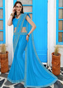 HNC Retail Temple Border, Solid/Plain Bollywood Lycra Blend, Chiffon Saree (Light Blue)