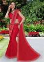HNC Retail Temple Border, Solid/Plain Bollywood Lycra Blend, Chiffon Saree (Red)