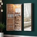 HNEBC Full Length Mirror with Storage, Wall Mounted Jewelry Cabinet with Lights, Lockable Over Door Jewelry Organizer with Drawer, Foldout Makeup Tray 47.2" Hx14.5 Wx3.9 D,Natural