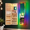 HNEBC Full Length Mirror with Storage, Wall Mounted Jewelry Cabinet with RGB Lights &amp; Remote, Lockable Over Door Jewelry Organizer with Drawer, Foldout Makeup Tray 47.2" Hx14.5 Wx3.9 D, Natural