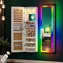 HNEBC Full Length Mirror with Storage, Wall Mounted Jewelry Cabinet with RGB Lights &amp; Remote, Lockable Over Door Jewelry Organizer with Drawer, Foldout Makeup Tray 47.2" Hx14.5 Wx3.9 D, White