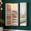 HNEBC Full Length Mirror with Storage, Wall Mounted Jewelry Cabinet with Lights, Lockable Over Door Jewelry Organizer with Drawer, Foldout Makeup Tray 47.2" Hx14.5 Wx3.9 D, White