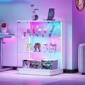 HNEBC Glass Display Cabinet with USB Charging Station&amp;LED Lights,White