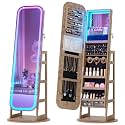 HNEBC LED Full Length Mirror with Stand, Lockable 360 Jewelry Cabinet,Brown