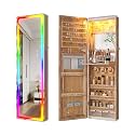 HNEBC Over the Door Jewelry Organizer with LED RGB Lights, 47.2" Full Length Mirror with Storage, Wall Mounted Jewelry Armoire, Hanging Mirror with 2 Drawers,Lokable,3 Shelves-Wood
