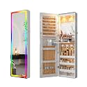 HNEBC Over the Door Jewelry Organizer with LED RGB Lights, 47.2" Full Length Mirror with Storage, Wall Mounted Jewelry Armoire, Hanging Mirror with 2 Drawers,Lokable,3 Shelves-White