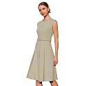 Hobemty Women's A-Line Dress Sleeveless Zip Up Office Work Flare Pleated Dresses with Belted