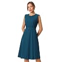 Hobemty Women's A-Line Dress Sleeveless Zip Up Office Work Flare Pleated Dresses with Belted