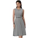 Hobemty Women's A-Line Dress Sleeveless Zip Up Office Work Flare Pleated Dresses with Belted