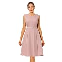 Hobemty Women's A-Line Dress Sleeveless Zip Up Office Work Flare Pleated Dresses with Belted