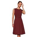 Hobemty Women's A-Line Dress Sleeveless Zip Up Office Work Flare Pleated Dresses with Belted