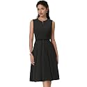 Hobemty Women's A-Line Dress Sleeveless Zip Up Office Work Flare Pleated Dresses with Belted