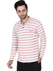 HOC Striped Men Polo Neck Grey T-Shirt